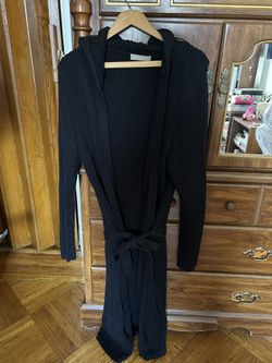 Black Ribbed Knit Hooded Cardigan Dress with Belt