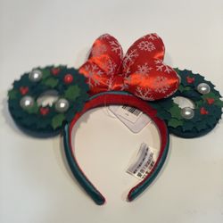 Disney Parks Christmas Minnie Bow Wreath Ears Headband 