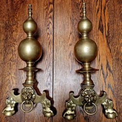 Andirons Antique Brass Fireplace Lion's Head Motifs and Claw Feet