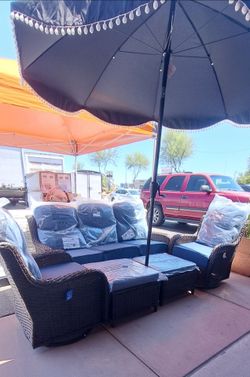 Hawthorne 5 Piece Patio Rattan Sofa Set with Swivel Chairs & Ottomans