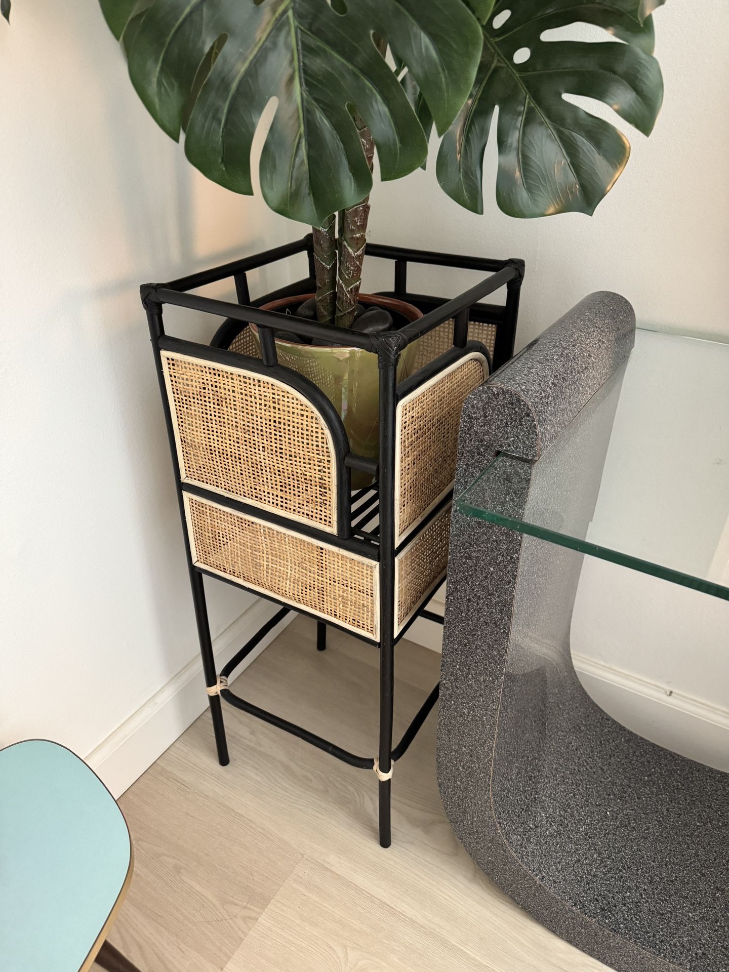 Rattan Bohemian Square Plant Stand With Faux Plant