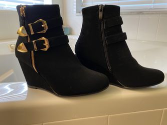 Women’s booties black suede with gold buckles