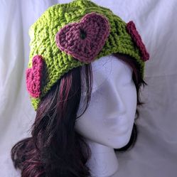 Crochet Green Beanie with Pink Heart Appliques