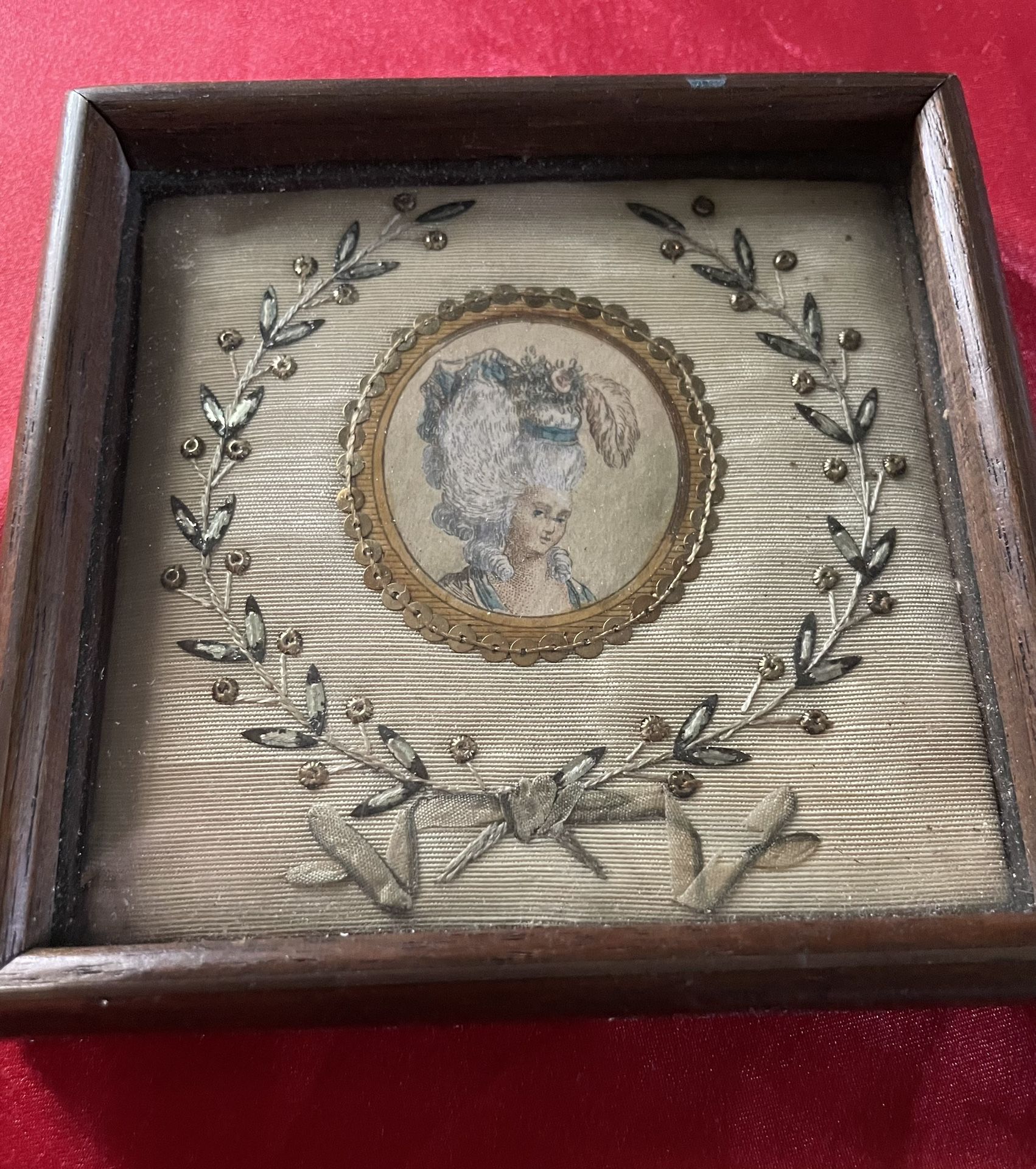 Antique Framed Print And Embroidery