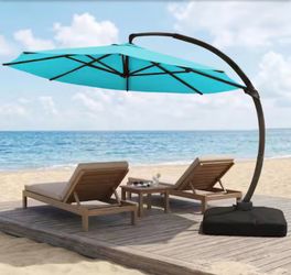 11 ft. Cantilever Patio Umbrella with Base, Aluminum Offset 360° Rotation Outdoor Umbrella, Blue