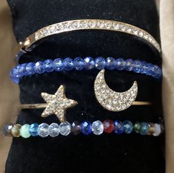 SET of 4 STRETCH BLUE GOLD CRESCENT CRYSTAL BEAD BRACELETS