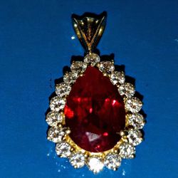 16K Yellow Gold Pendant, 5.5ct Pear CutThai Ruby, With Accent Diamonds