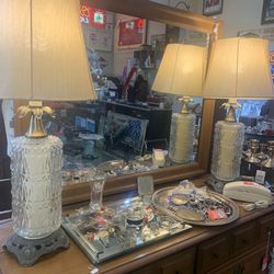 15x29 2 matching mid-century glass lamps. 210.00.  Johanna at Antiques and More. Located at 316b Main Street Buda. Antiques vintage retro furniture co