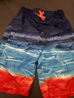 ZeroXposur boys' swim trunks featuring a blue & orange gradient shark print