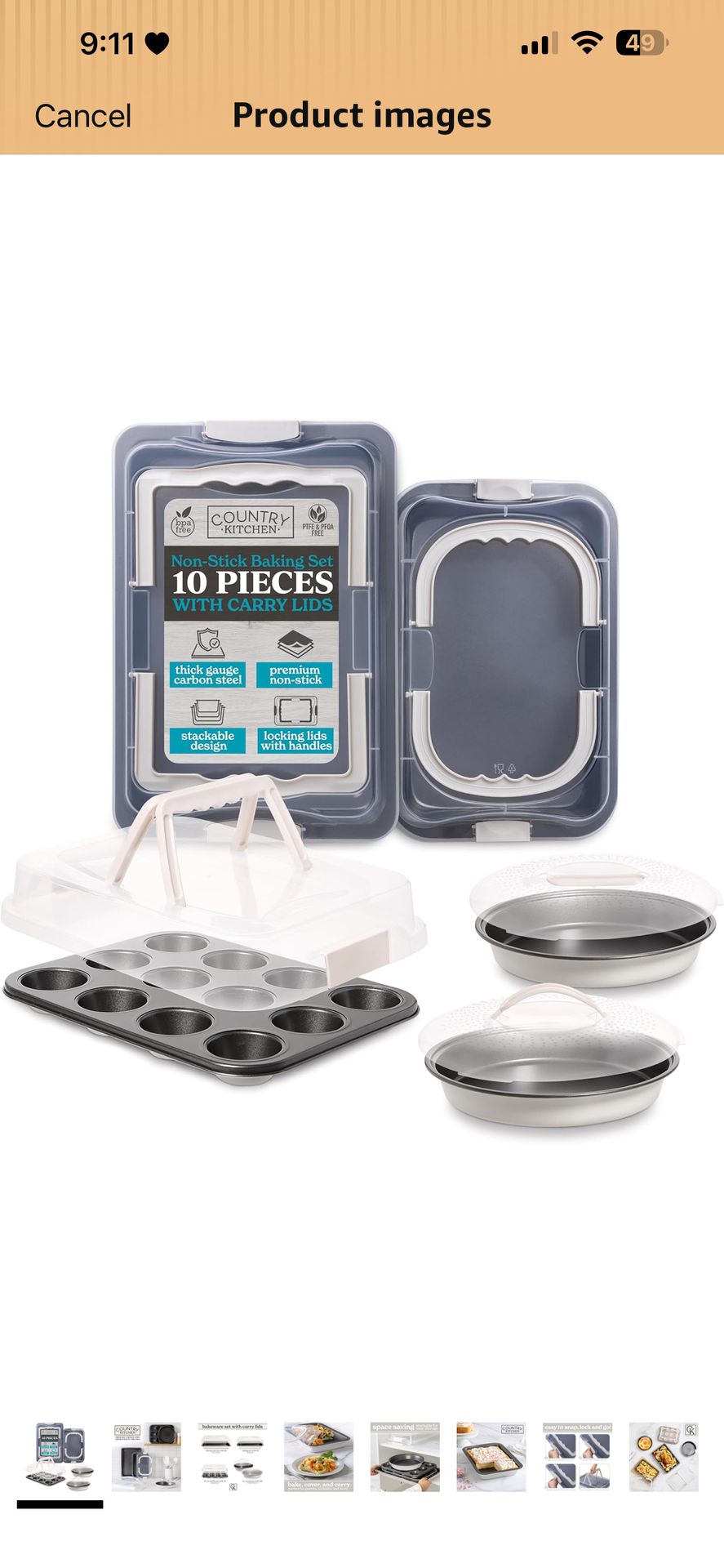 Country Kitchen Baking Pans Set - 10 Piece Non-Stick Cake Pans with Carry Lids for Easy Storage & Travel, Perfect for Parties - Stackable, Cream