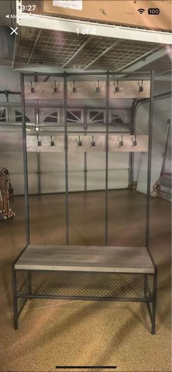 Industrial Metal and Wood Entryway Hall Tree