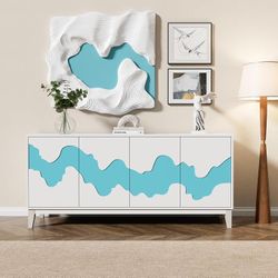 4-Door Low Storage Cabinet, Irregular Wave Pattern Sideboard with Adjustable Shelf,White&Blue