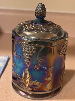 Carnival Glass Lidded Jar with Grape Pattern