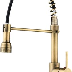 Brushed Brass Kitchen Faucet, Antique Pull Out Pull Down Sink Faucet Single Handle 360 Swivel Bar Faucet with Cold Hot Mixer Hoses