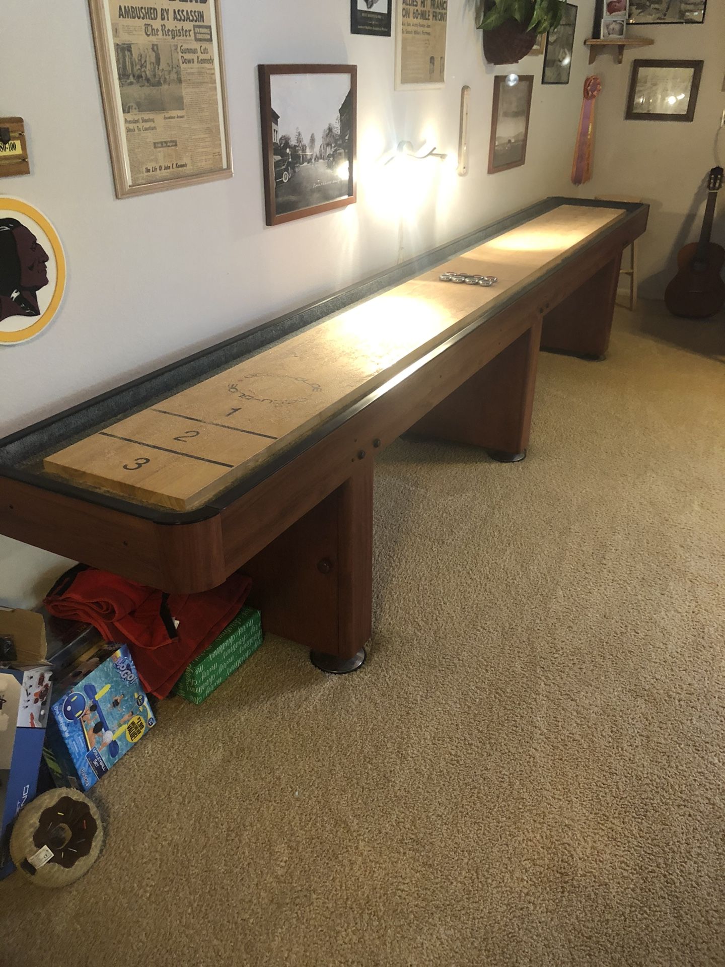 OCCU-GLIDE 14ft Shuffleboard in excellent condition (w/cabinet & Equipment/supplies)