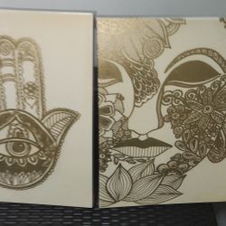 two pieces of decorative art with Buddhist and spiritual themes