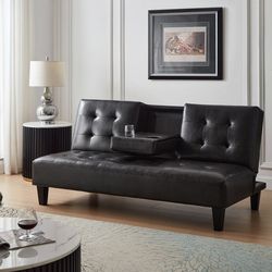 Espresso Leatherette Couch Sofa Futon Sofa Bed With Cup Holdler