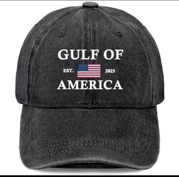 Gulf of America baseball hat. Faded black denim with adjustable strap.