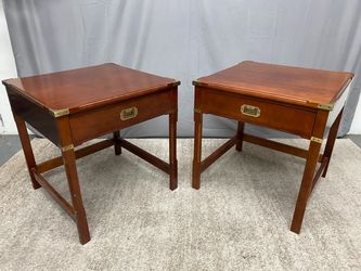 BOMBAY COMPANY Mahogany Finish Campaign Style Square End Table w/ Drawer (Set of 2)