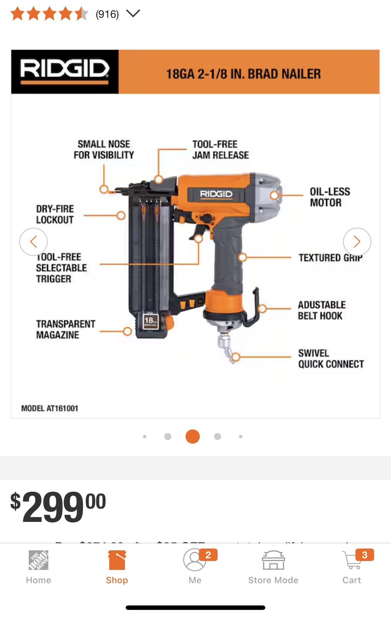 RIDGID Pneumatic 18-Gauge 2-1/8 in. Brad Nailer with CLEAN DRIVE Technology New Box $40