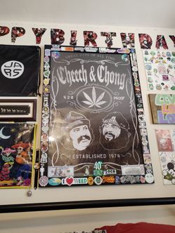 Cheech & Chong Poster w/frame and added on stickers that I put on there over time