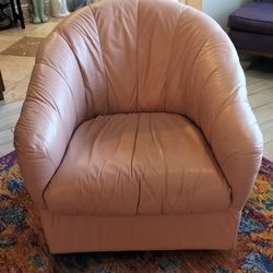 Vintage Soft and Comfy Flamingo Pink Leather Swivel Accent Barrel Chair