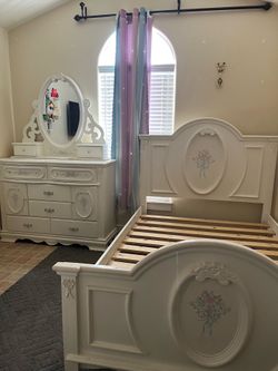 Girls bed frame and mirror plus dresser