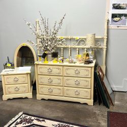 Dresser, nightstand, mirror, and headboard