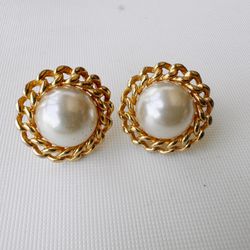 vintage pearl gold tone rope stud earrings 3/4 inch