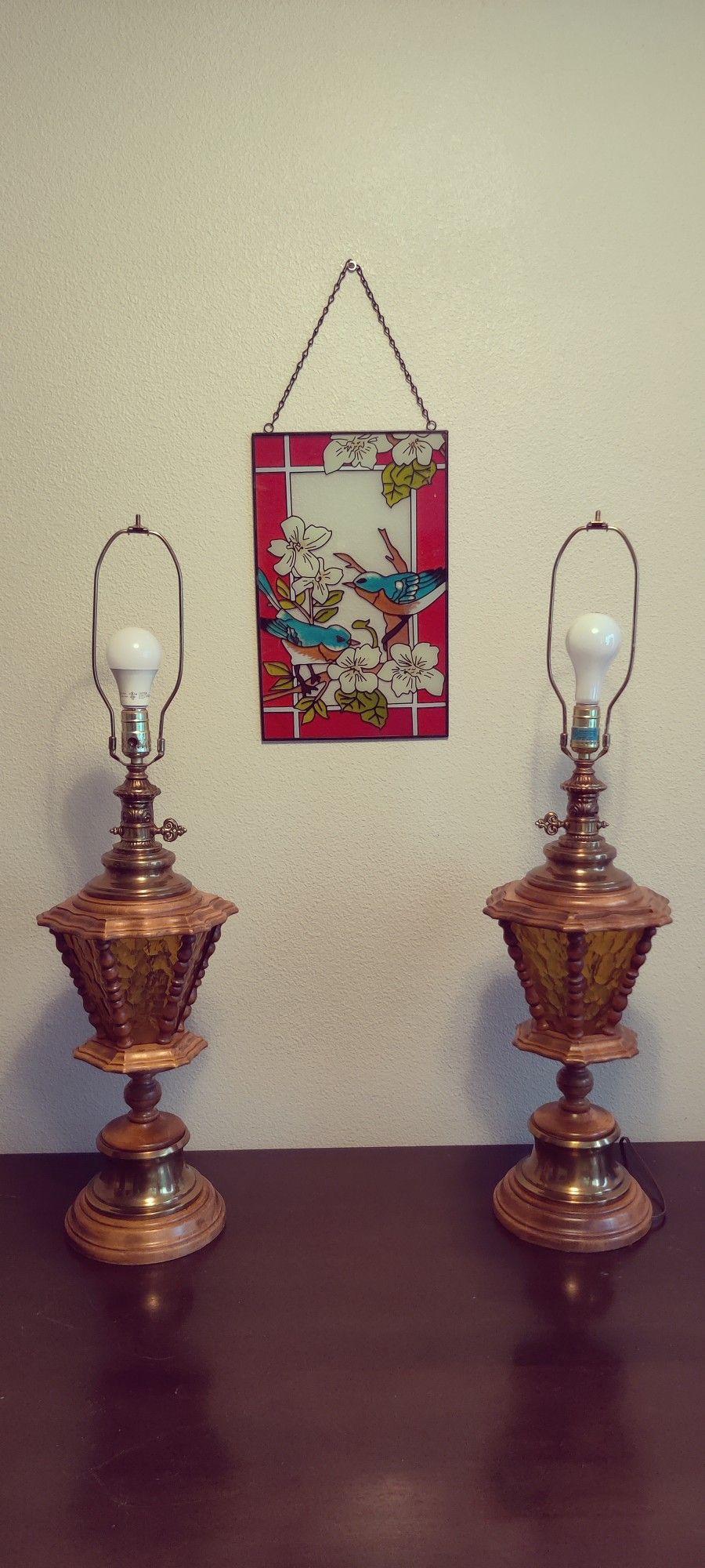 Mid Century Modern Lamp- Wood, Brass, Amber Glass