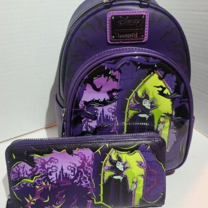 Disney Loungefly Maleficent Window Box Glow Backpack And Wallet Included Exclusive 