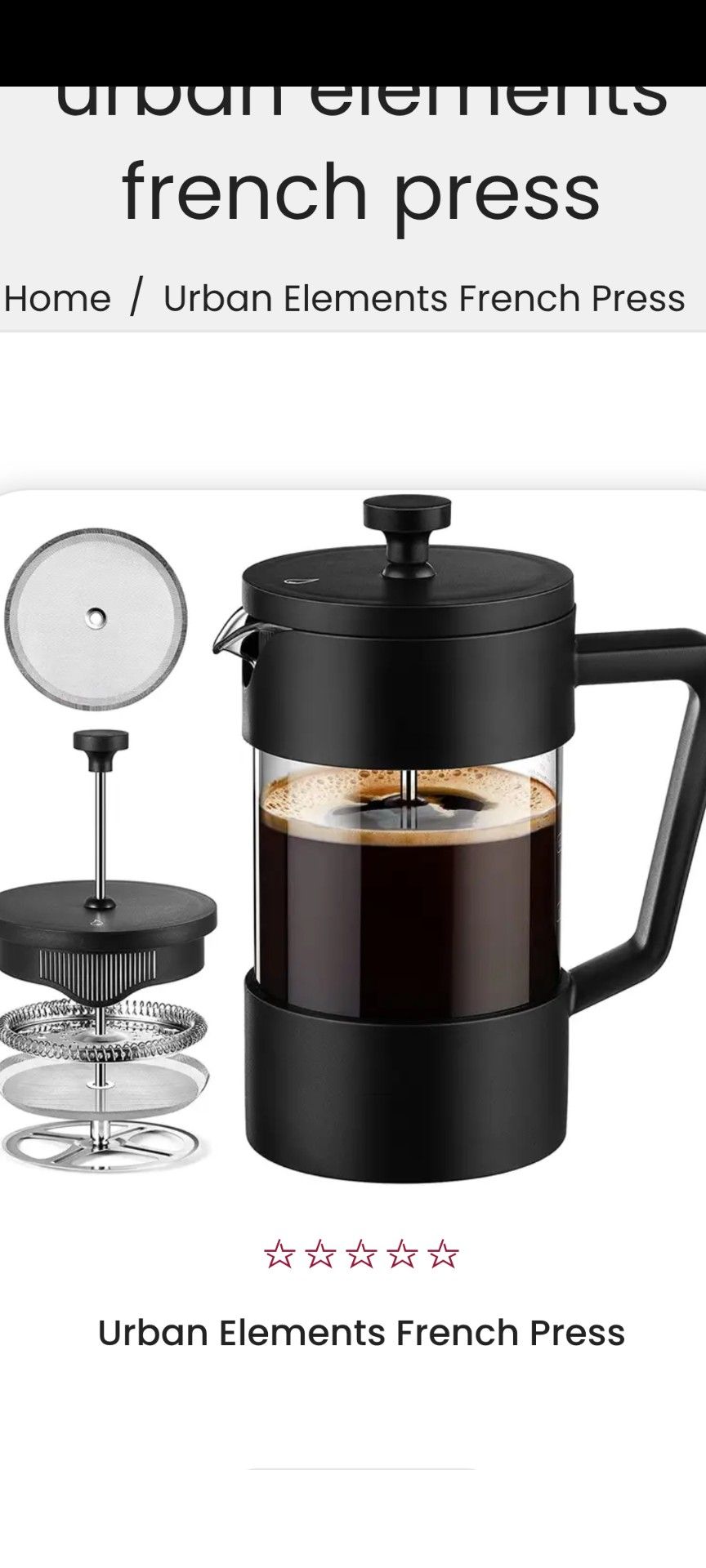 "Urban Element" Coffee French Press, 20 Fl. Oz /600ml, New