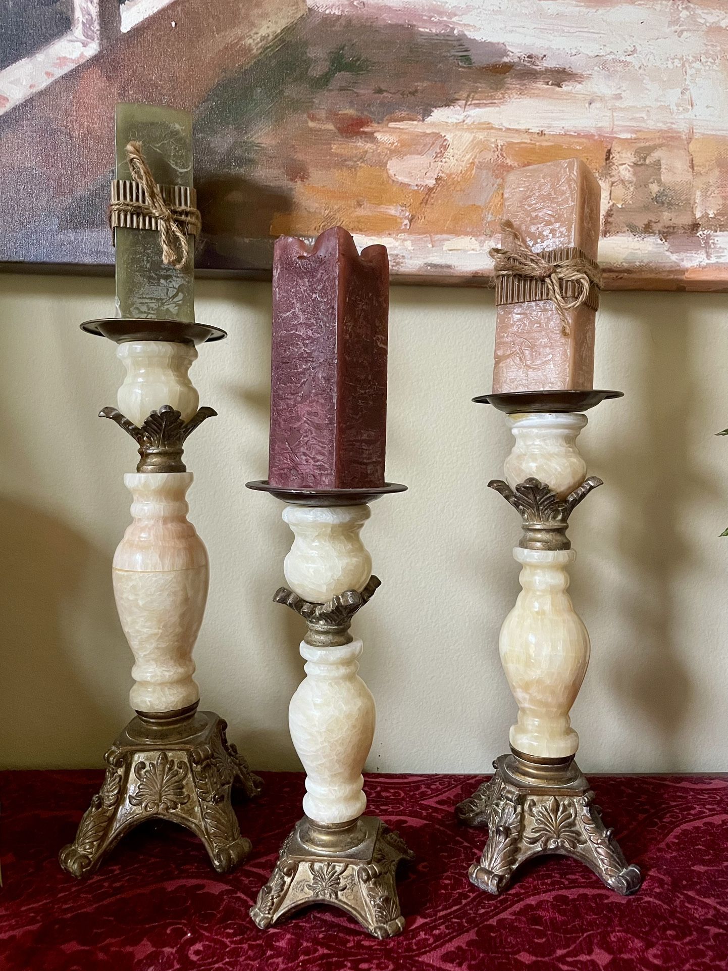 3 Marble Candle Holders Pillars w/Candles