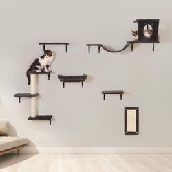 Modern 3-Tier Wood Cat Wall Shelves - 6-Piece Set with Cat House, Jumping Platform, Bridge, Tree, Hammock, Scratcher (Dark Grey)