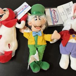 The Disney Store Alice In Wonderland 8” Mini Bean Bags. Brand New With Tags. Mad Hatter, White Rabbit, Red Card. All 3 For $35.00