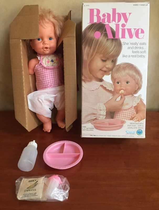 1973 Kenner Baby Alive Doll in Box with Food and Feeding Items