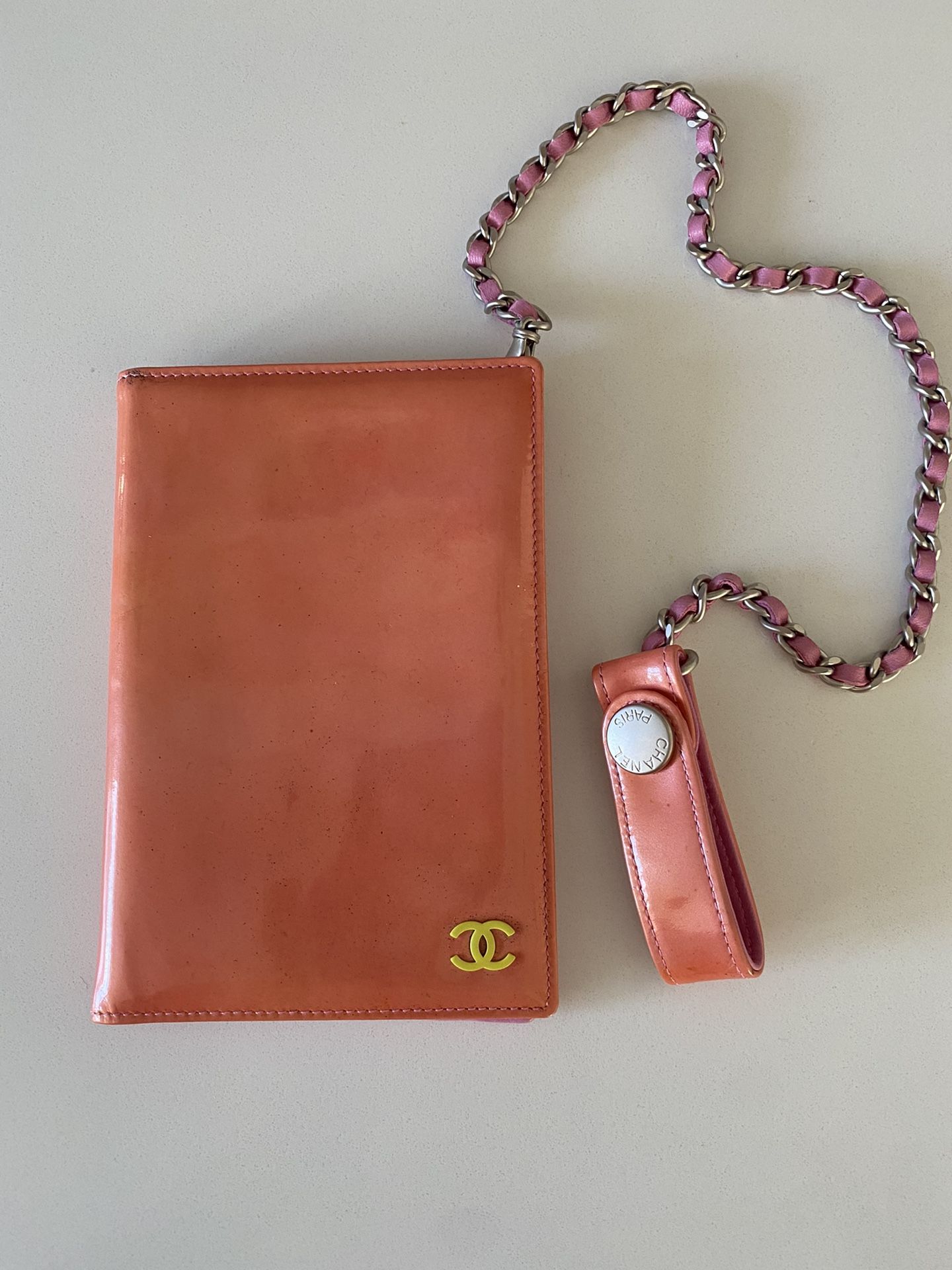 Pink patent Chanel leather passport holder wallet on chain