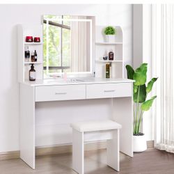 VIVOHOME Makeup Vanity Table Set with 3-Color Dimmable Lighted Mirror, 6 Storage Shelves, 2 Drawers, Cushioned Stool, White