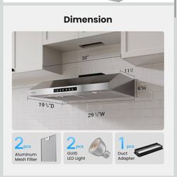New in box VIKIO Range Hood 30 Inch Under Cabinet, 900CFM Stainless Steel Kitchen Stove Vent Hood, Touch/Gesture Control, 3 Speed Exhaust Fan, LED Lig