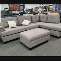 Dark Beige Sectional Sofa With Ottoman 