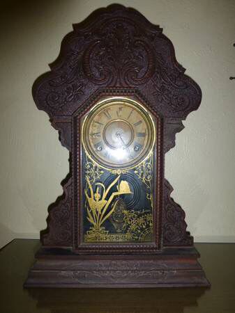 Antique Working 19th Century Victorian Sessions Carved Oak Mantel Clock