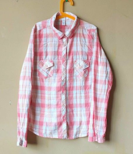 Cotton orange Plaid Long Sleeve Button Down Shirt Top T Tee Shirt Youth Girl's size. L Large