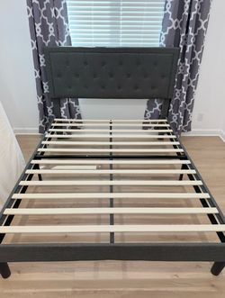 Gray Tufted Queen Bed Frame with Headboard