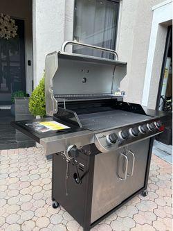 Performance Series 6 Burner Gas Grill Cabinet with Sear Burner and Side Burner Gray Stainless Steel