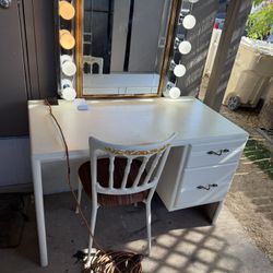 Vanity made out of Solid wood 2 drawers and the chair. Without mirrorWidth 48 depth 25 and height 30