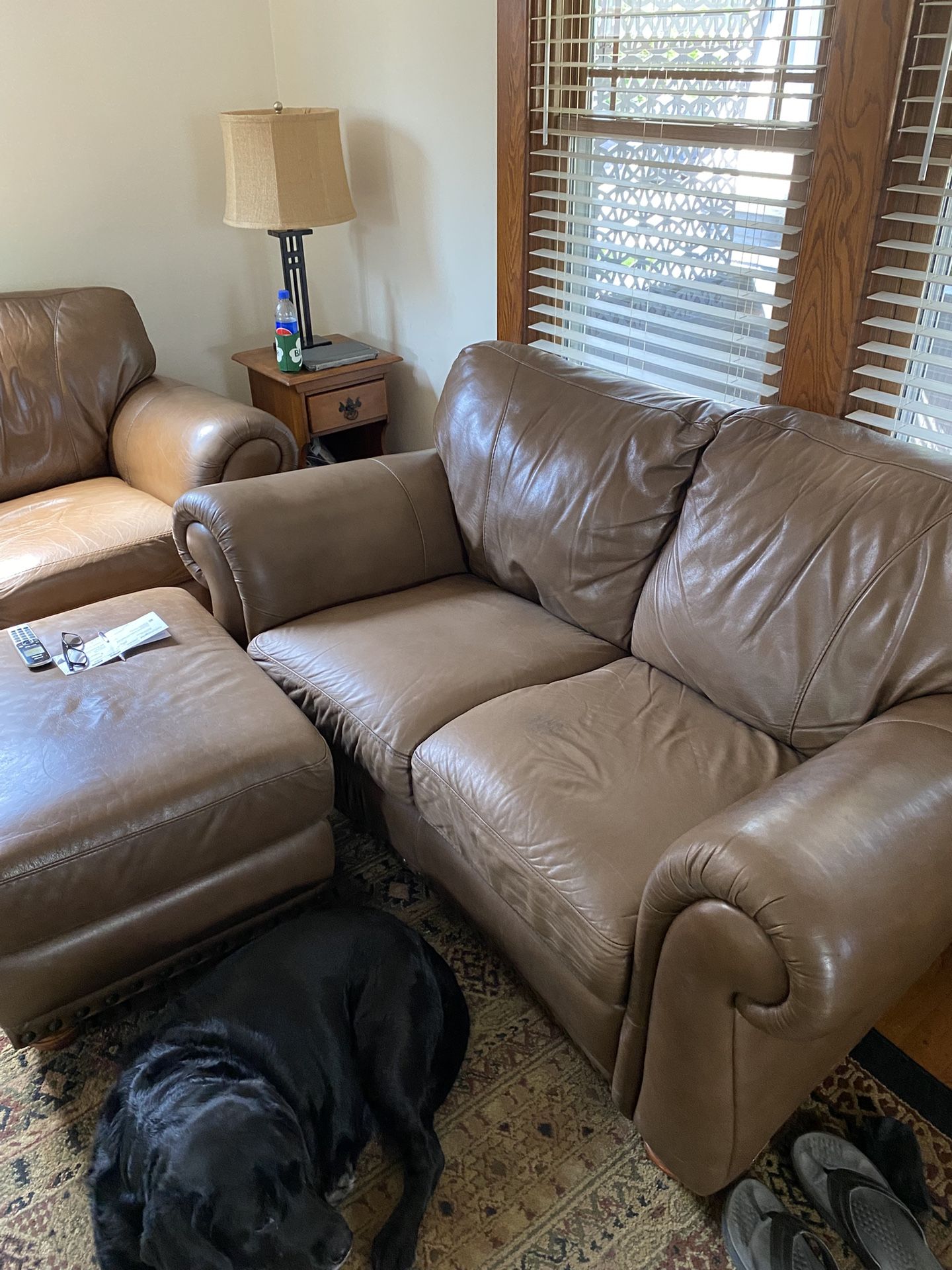 Brown Leather Loveseat & Leg Rest