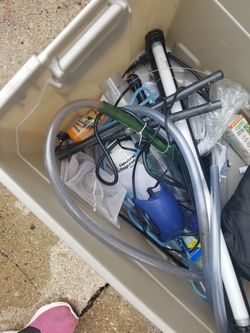 Bunch of misc stuff for a fish tank in a tote