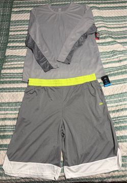 Size XL mens gray long sleeved T-shirt paired with gray white and neon green shorts