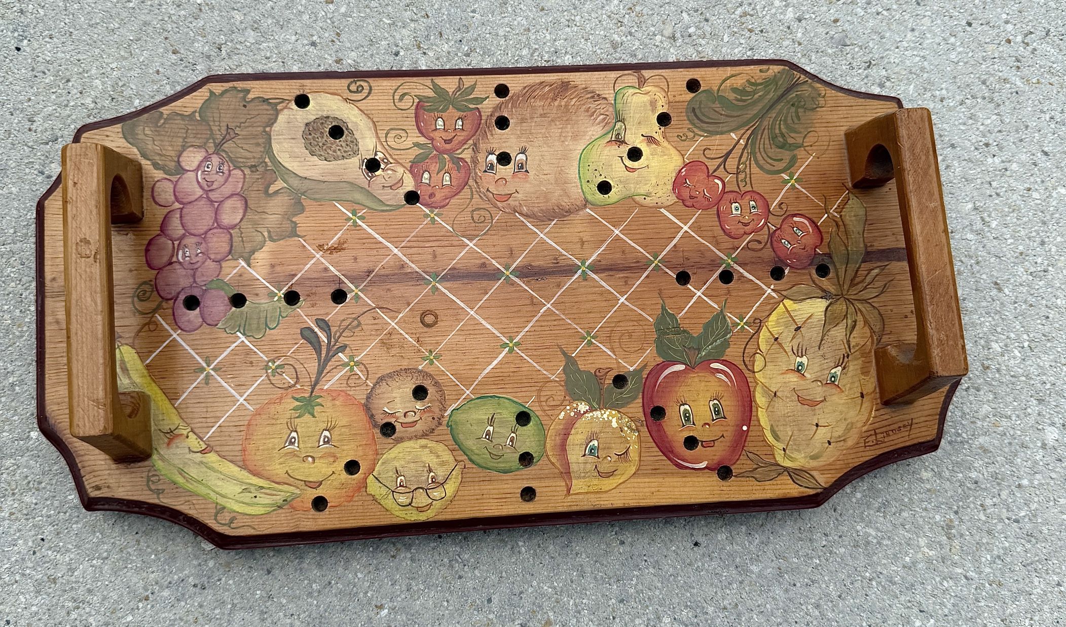Vintage 1970s Hand Made & Painted Wooden Casserole Carrier W/ Pegs Tole Folk Art