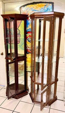 Pair of Wood and Glass Curio Display Cabinets with Lights
